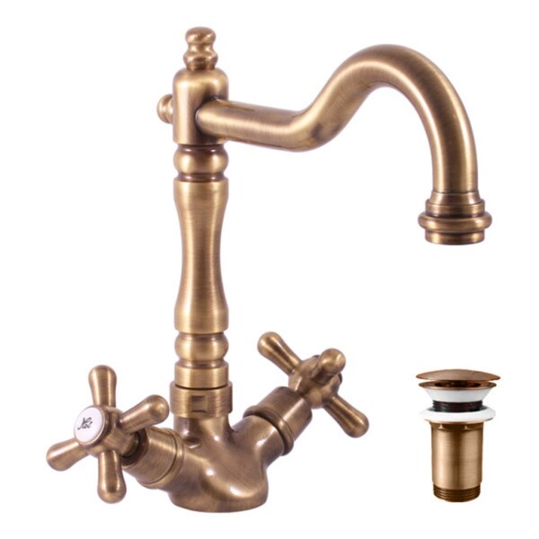 RAV Slezák - MORAVA RETRO - Umyvadlová/dřezová baterie s výpustí, Stará mosaz (Bronz), 3,8" MK121.0/8SM