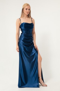 Lafaba Women's Navy Blue Underwire Corset Detailed Slit Long Evening Dress