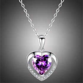 Stříbrný náhrdelník Amorita - stříbro 925/1000, fialový zirkon, srdce, Fialová 41 cm + 5 cm (prodloužení)