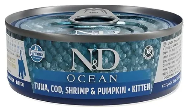 ND Ocean Kitten Tuna, Cod, Shrimp Pumpkin 70 g / Konzerva pro koťata / tuňák, treska, krevety a dýně (L3-70139)