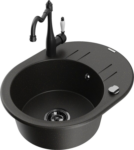 MEXEN/S - Kevin granitový dřez 1-miska s odkapávačem včetně baterie Carla, černá/zlatá metalik 6517-75-670700-70-B