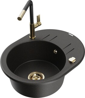 MEXEN/S - Kevin granitový dřez 1-miska s odkapávačem včetně baterie Flora, černá/zlatá metalik 6517-75-670401-57-G