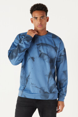 AC&Co Altınyıldız Classics Men's Indigo Oversize Wide-Fit Crew Neck Modern Patterned Soft Textured Sweatshirt