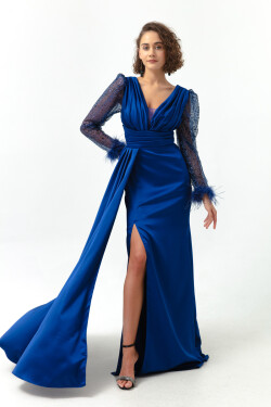 Lafaba Women's Saxe Blue V-Neck Sleeves Stony Slit Long Evening Dress