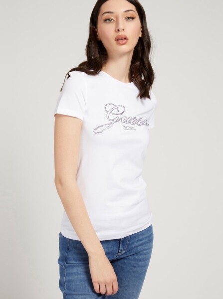 Bílé dámské tričko s potiskem Guess Selina - Dámské