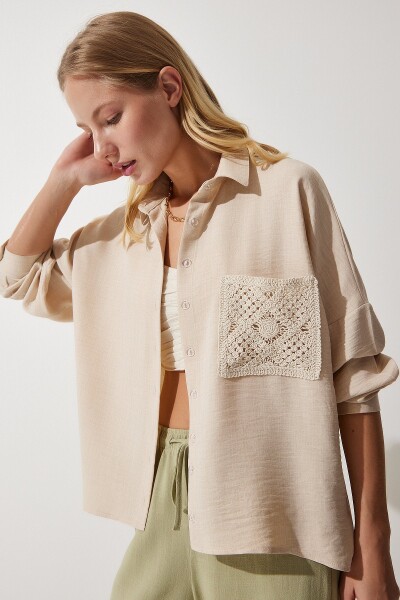 Happiness İstanbul Women's Dark Beige Lace Detailed Linen Shirt