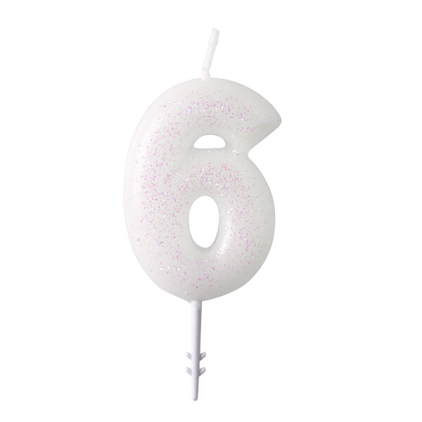 Dortová svíčka číslo 6 bílá s glitry Amscan Dortová svíčka číslo 6 bílá s glitry Amscan