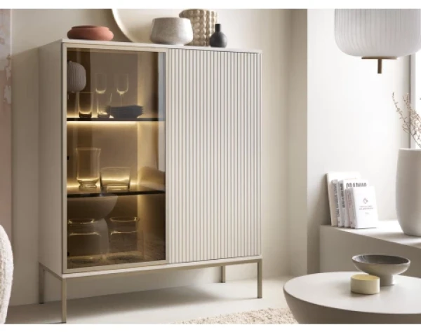 Skříňka s vitrínou Sento, kašmírově béžová/šampaň, s osvětlením