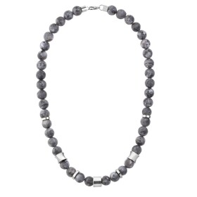 Pánský korálkový náhrdelník Augusto - 10 mm Larvikit, Stříbrná 60 cm