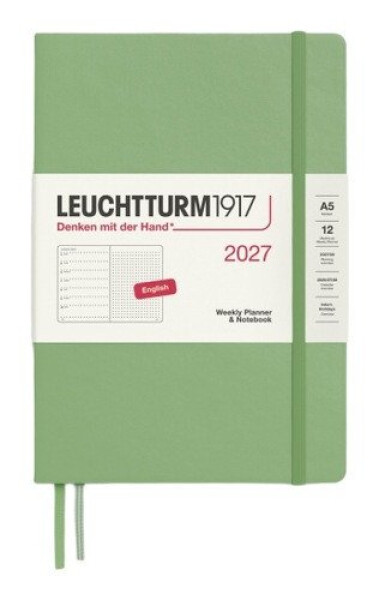Týdenní plánovač & Zápisník Sage, tečkovaný Medium A5 2027, anglicky