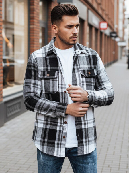 Pánská černobílá kostkovaná flanelová košile FashionStreet DX2675 XL
