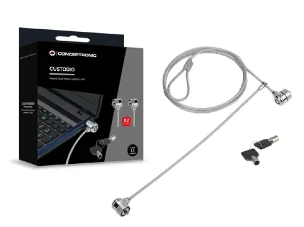 Conceptronic zamykací kabel k notebooku s dvojitým zámkem / Zamykací kabel / 1,5 m / průměr 4 mm / 2x klíč / stříbrná (CNBSLOCK15T)
