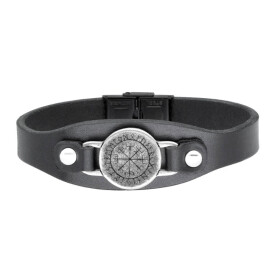 Pánský náramek Vegvisir - pravá kůže, chirurgická ocel, Černá 22 cm