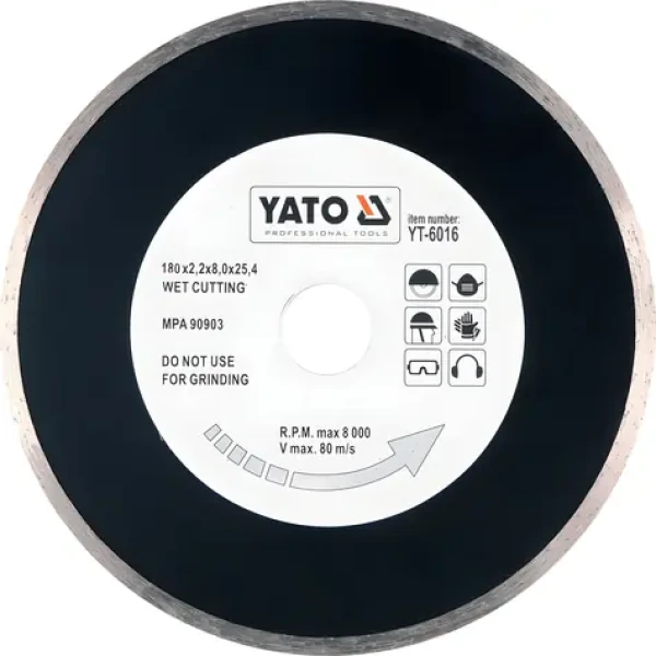 YATO Kotouč diamantový řezný 180x25,4 mm hladký / Mokré řezání / Keramika, sklo, porcelán / Max. 8000 ot/min (YT-6016)