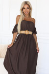 614-1 Maxi šaty v boho stylu s odhalenými rameny a páskem - CHOCOLATE UNI