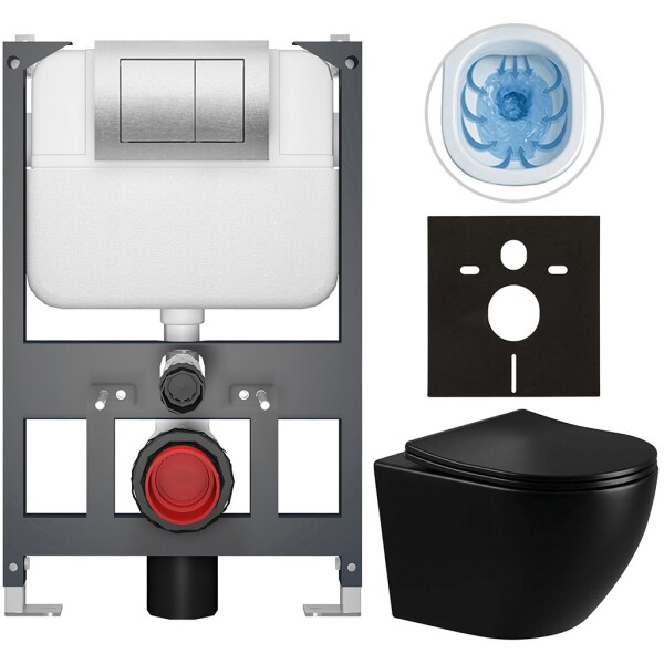 CERANO - Kompletní WC set Basic/Cesso - černá lesklá - WC tlačítko Maxio/Stříbrná - závěsné - nízký modul - předstěnová instalace - 49x36 CER-8050BD86314