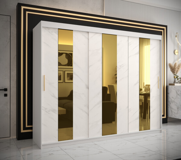 Šatní skříň Abi Golden Pole Barva korpusu: Bílá, Rozměry: 250 cm, Dveře: Bílý mramor se zlatým zrcadlem
