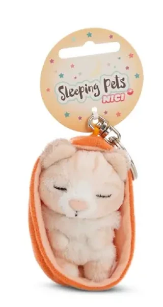 NICI GREEN klíčenka spící Kočička béžová + oranžový košík 12 cm