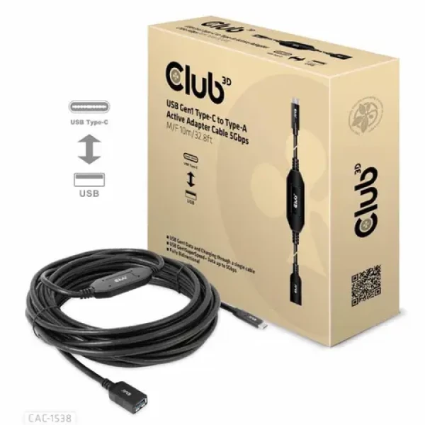 CLUB3D CAC-1538 kabel USB-C na USB-A M/F černá 10m / 5Gbps (CAC-1538)