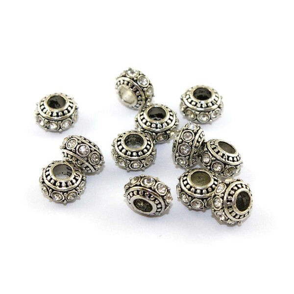Kovová rondelka s bižuterními kamínky - starostříbrná - 11 x 11 x 7 mm - 1 ks Barva kamínků: Černá