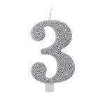 Svíčka číslo 3 stříbrná s glitrem Svíčka číslo 3 stříbrná s glitrem