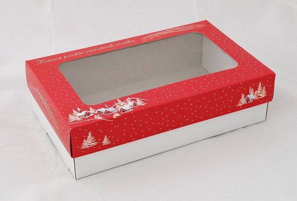 Dortisimo Vánoční krabice na cukroví červená s chaloupkami (25 x 15 x 7 cm)