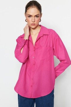 Trendyol Fuchsia Single Pocket Boyfriend Wide Fit bavlněná tkaná košile