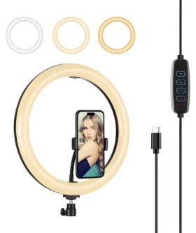 Puluz LED Ring Light / Kruhové světlo s držákem telefonu / 3 barvy světla / USB-C / 2m kabel (PU656B)