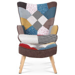 Křeslo "ušák" s podnožkou, potah patchwork látka, nohy masiv kaučukovník