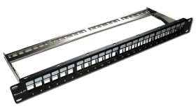 XtendLan Patch panel 24 portů černý / 19" / stíněný / Cat5e/6/6A/7 / neosazený, odnímatelný vyvazovák (PP19-24NS)