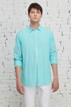 AC&Co Altınyıldız Classics Men's Turquoise Comfort Fit Relaxed Cut Concealed Button Collar 100% Cotton Flamed Shirt
