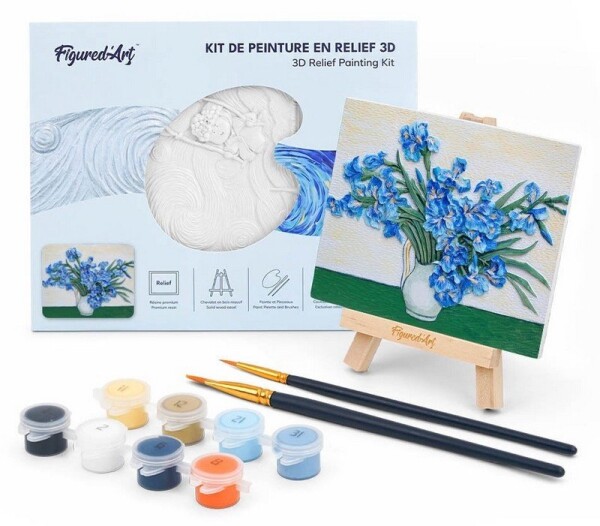3D reliéfní malba - Kosatce Van Gogh - Sběratelská sada s dřevěným stojánkem