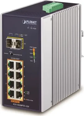 Planet Switch průmyslový 8-Port PoE+ / Switch / 8x Gigabit PoE+ 802.3at / 2x SFP / DIN lišta / IP30 / -40 až 75 °C (IGS-1020PTF-12V)