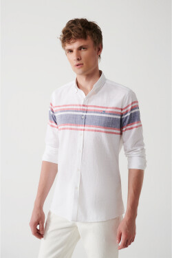 Avva Men's Gray Buttoned Collar 100% Cotton Linen Look Board Pattern Slim Fit Slim Fit Shirt