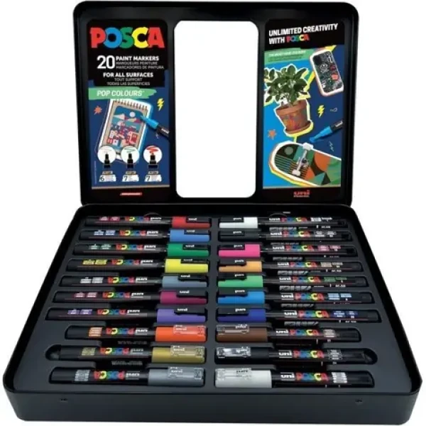 POSCA Sada popisovačů Pop Colours / Popisovače / 20 ks / kovová dárková krabička / PC-1M, PC-3M, PC-5M (401535)