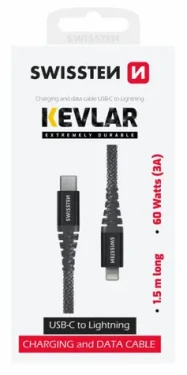SWISSTEN KEVLAR datový kabel Lightning 1.5m šedá / 60W / 3A / 1x USB-C(M) / 1x Lightning(M) (71544010)