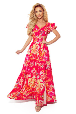 LIDIA Růžové květované dlouhé dámské šaty výstřihem volánky 310-4