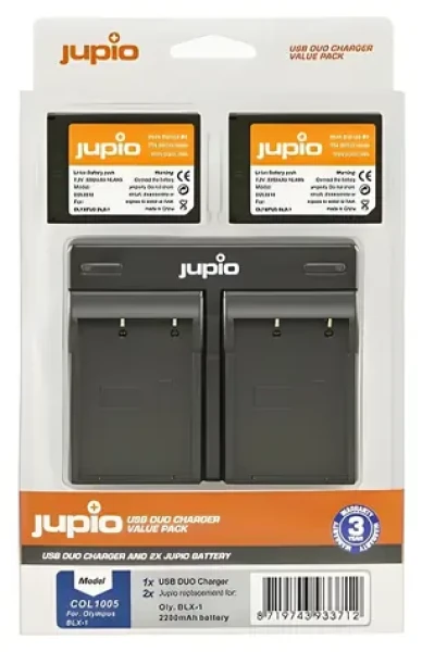 Jupio Set 2x baterie BLX-1 a nabíječka pro OM System / Sada baterie a nabíječky / 2280 mAh / USB dual nabíječka (COL1005)