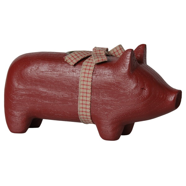 Maileg Svícen Wooden Red Pig Medium, červená barva, dřevo
