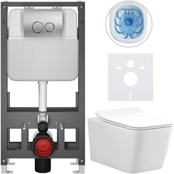 CERANO Kompletní WC set Basic/Forte - bílá lesklá - WC tlačítko Dualo/Stříbrná - volně stojící - předstěnová instalace - 51x36 cm