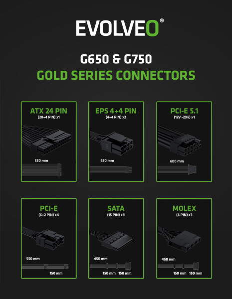 EVOLVEO G650, zdroj 650W, 80+ GOLD, ATX 3.1, aPFC, 140 mm ventilátor, plně modulární, záruka 3 roky, černý