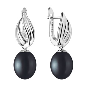 Stříbrné náušnice s černou řiční perlou Lydia, stříbro 925/1000, Černá