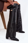 Zateplené kozačky s vytočenou holínkou za koleno podpatek sloupek černé Serelle 39
