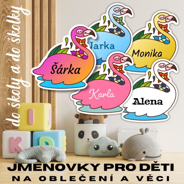 Jmenovky pro děti, PLAMEŇÁK jmenovka 32x32mm (10ks), samolepky se jménem na oblečení a věci