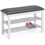 Botník / taburet, 2 police, potah šedá ekokůže, masiv kaučukovník, bílý lak