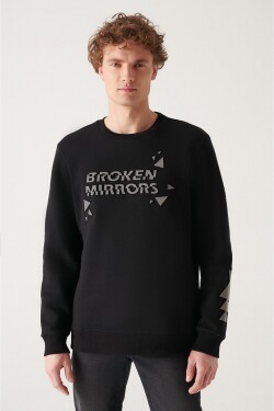 Avva Men's Black Crew Neck Thread Fleece Inside Reflective Standard Fit Regular Cut Sweatshirt
