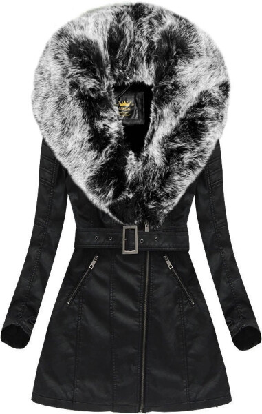 Černo-šedý kabát z ekologické kůže s kožešinovým límcem Libland (LD-5518) odstíny černé XL (42)
