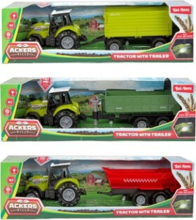 Traktor s vlekem plast 24cm na volný chod na baterie se světlem, zvukem 3 druhy v krabici 29x9cm