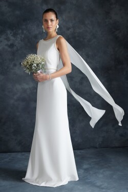 Trendyol Svatební Bílé Šaty Perlami na Svatbu/Dlouhé Večerní Šaty