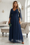 655-3 Dlouhé lehké třpytivé šaty s výstřihem a průhlednými rukávy - tmavě modré UNI
